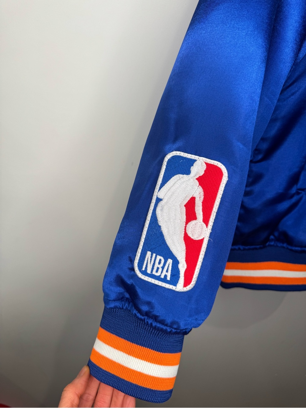 NWT Men’s Wilson NEW YORK NBA Starter Satin Varsity Bomber Jacket Blue Orange L - Picture 7 of 16
